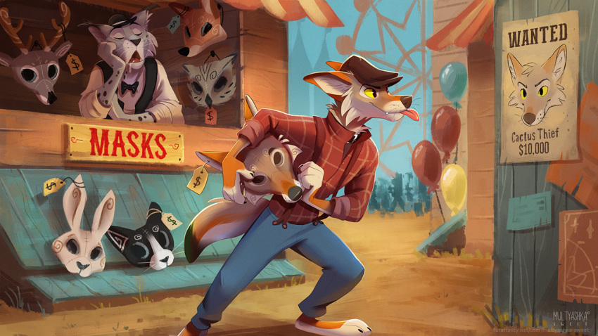 16:9 2020 anthro barefoot black_nose canid canine canis carnival_(disambiguation) clothed clothing coyote detailed_background digital_media_(artwork) felid festival fur humor male mammal mask multyashka-sweet outside thief veil wanted widescreen