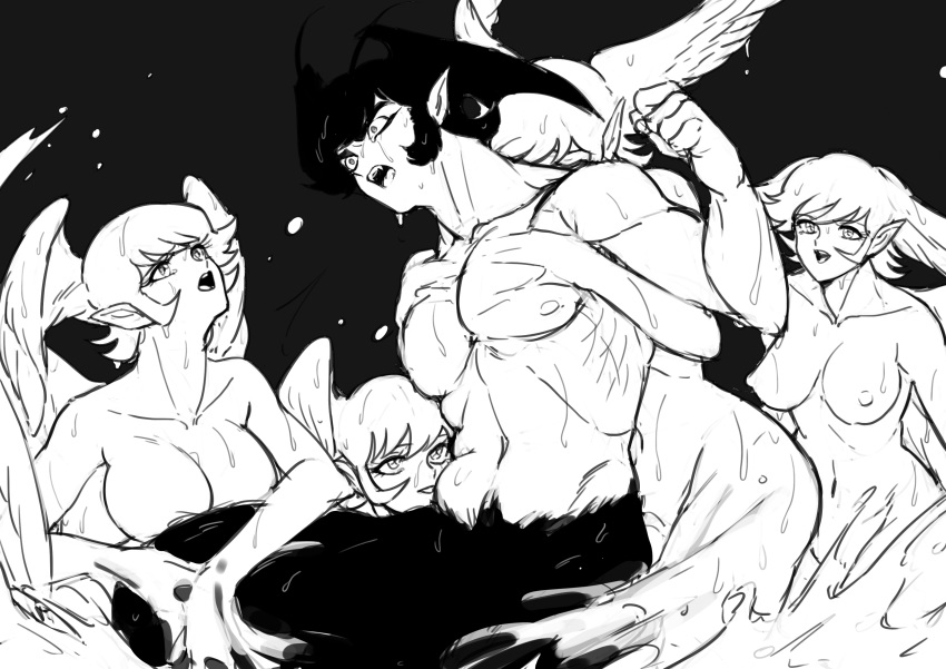 1boy 1other absurdres androgynous angel_wings asuka_ryou breasts devilman fudou_akira head_wings hermaphrodite highres hug hug_from_behind medium_breasts monochrome multiple_others multiple_wings nude satan_(devilman) short_hair sideburns thirty_8ght wings