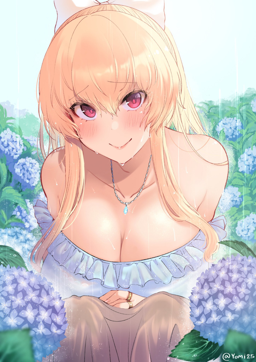 1girl akano_yomi bangs bare_shoulders blonde_hair blush bow breasts cleavage eyebrows_visible_through_hair flower frills granblue_fantasy hair_bow hair_ornament highres hydrangea jewelry large_breasts long_hair looking_at_viewer necklace ponytail rain red_eyes ribbon ring smile solo vira_lilie white_bow