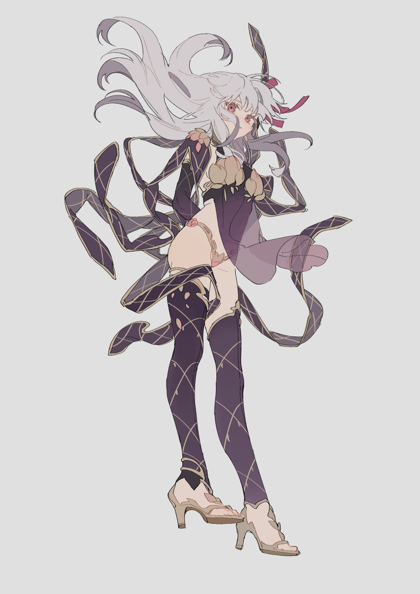 1girl absurdres armlet armor arms_behind_back bangs bikini_armor blush boots breasts closed_mouth collar dress earrings elbow_gloves fate/grand_order fate_(series) full_body gloves grey_background grey_hair hair_ribbon high_heel_boots high_heels highres jewelry kama_(fate/grand_order) legs long_hair looking_at_viewer medium_breasts metal_collar pelvic_curtain pink_eyes pink_ribbon purple_dress purple_legwear purple_sleeves ribbon see-through simple_background thighhighs thighlet zhibuji_loom