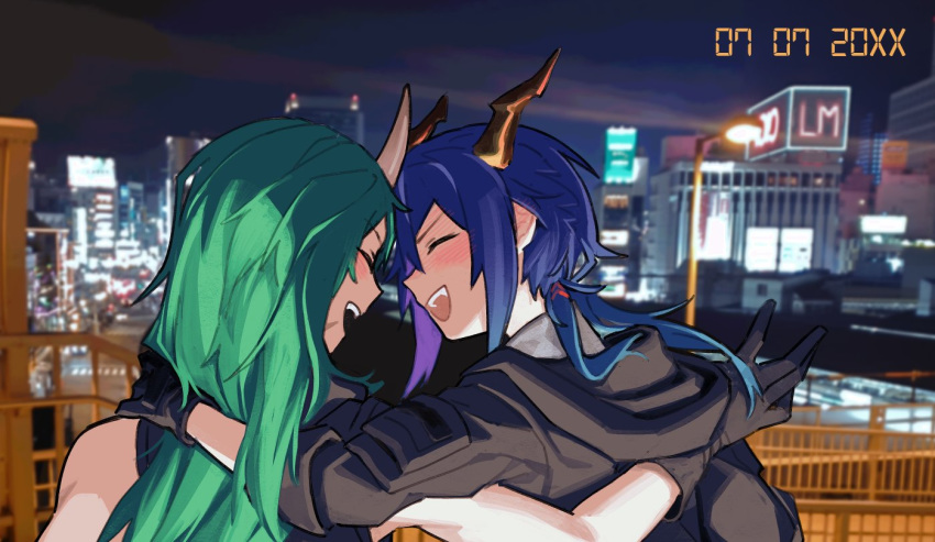 2girls arknights bare_shoulders black_gloves black_jacket blue_hair blush building ch'en_(arknights) cityscape closed_eyes commentary_request dragon_horns gloves green_hair horns hoshiguma_(arknights) jacket lamppost long_hair looking_at_another low_tied_hair multiple_girls night night_sky oni_horns open_mouth railing sky vento