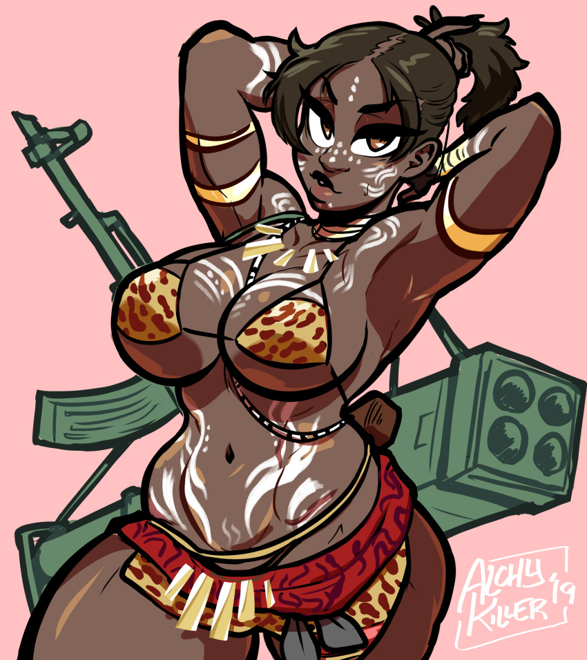 1girl absurdres adjusting_hair alchykiller alternate_costume animal_print armlet armpits arms_behind_head arms_up assault_rifle bikini black_hair breasts brown_eyes cleavage curvy dark_skin full_body_tattoo gun hair_pulled_back highres huge_weapon jewelry large_breasts leopard_print lips looking_at_viewer micro_bikini navel necklace nose resident_evil resident_evil_5 rifle rocket_launcher sheva_alomar solo strap swimsuit tattoo thick_thighs thighs tribal tribal_tattoo underboob very_dark_skin weapon weapon_on_back