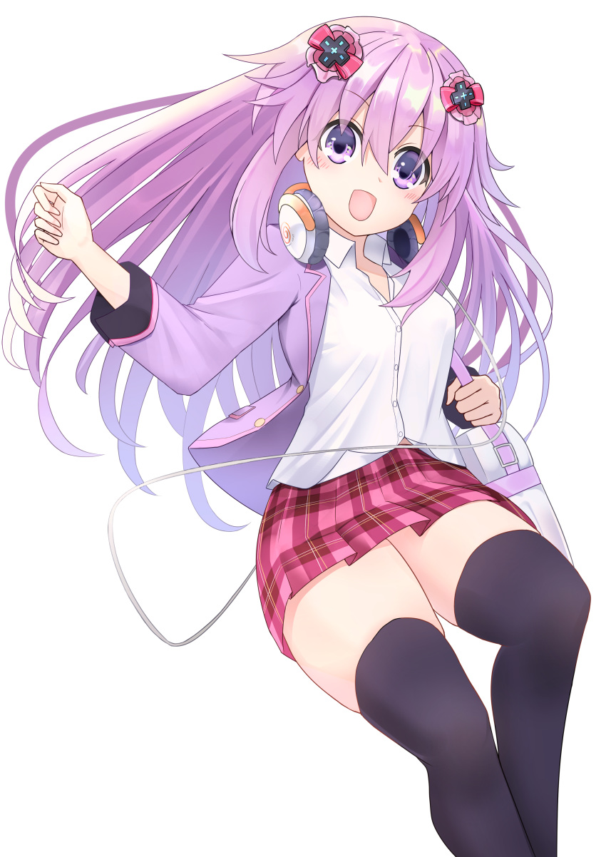 1girl absurdres adult_neptune alternate_costume bag bangs black_legwear blazer blush breasts collared_shirt commentary_request d-pad d-pad_hair_ornament eyebrows_visible_through_hair hair_between_eyes hair_ornament headphones headphones_around_neck highres jacket long_hair long_sleeves looking_at_viewer medium_breasts naoya_(naoya_ee) neptune_(series) open_blazer open_clothes open_jacket open_mouth plaid plaid_skirt purple_eyes purple_hair purple_jacket red_skirt shirt shoulder_bag sidelocks simple_background skirt solo thighhighs white_background white_shirt