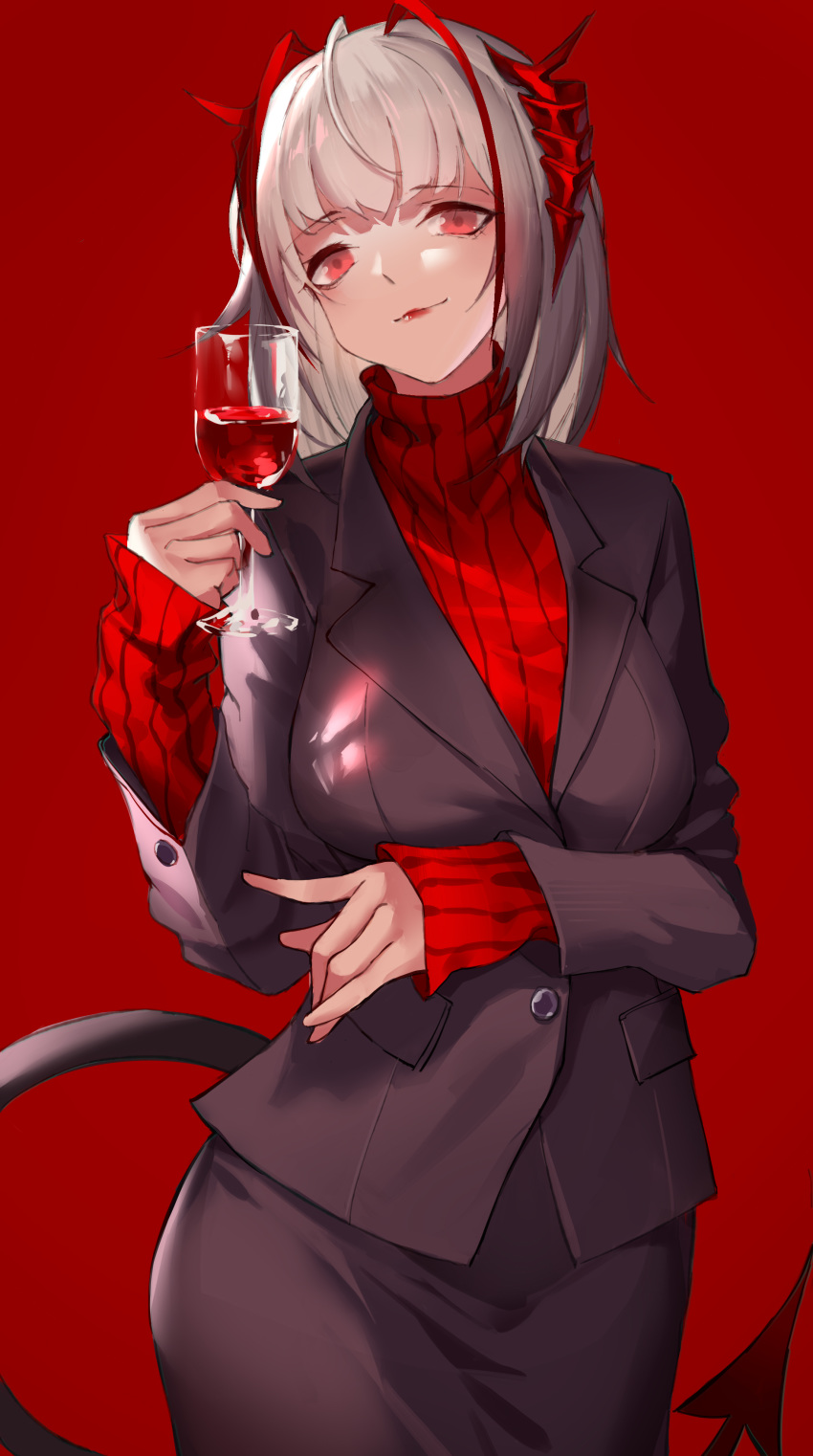 1girl absurdres ahoge alcohol alternate_costume arknights bangs bankongping black_jacket black_skirt blazer breasts cowboy_shot cup drinking_glass hand_up head_tilt highres holding holding_cup horns jacket lipstick long_sleeves looking_at_viewer makeup medium_breasts red_background red_eyes red_lipstick red_sweater short_hair silver_hair simple_background skirt smile solo sweater tail turtleneck turtleneck_sweater w_(arknights) wine wine_glass