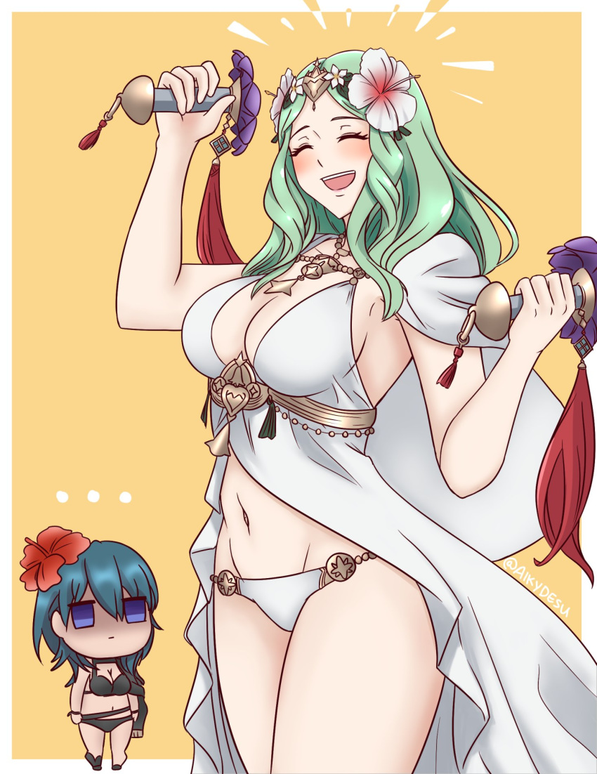 ... 2girls :d alkyun bikini black_bikini byleth_(fire_emblem) byleth_(fire_emblem)_(female) chibi english_commentary fire_emblem fire_emblem:_three_houses fire_emblem_heroes hat highres multiple_girls open_mouth rhea_(fire_emblem) shake_weight smile swimsuit tiara white_bikini