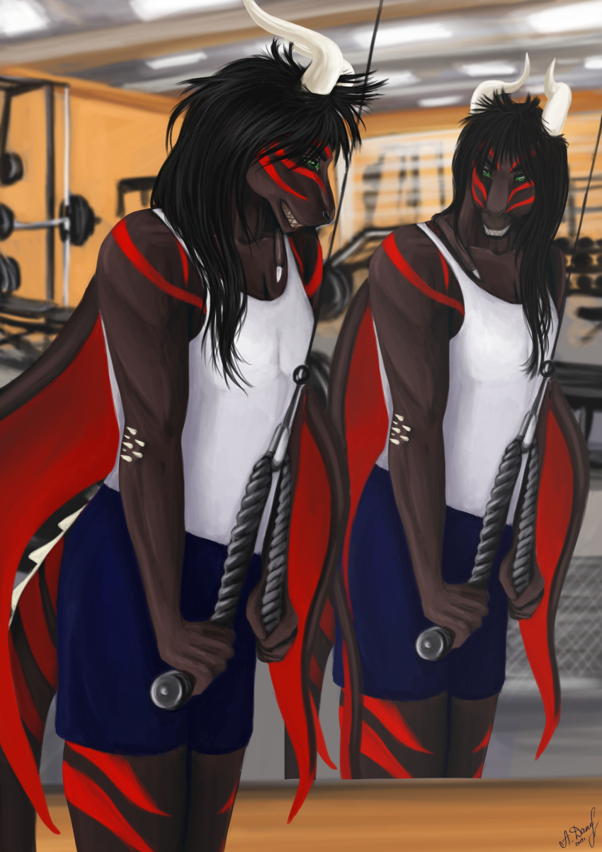 absurd_res alexandradane animal_humanoid anthro black_hair dragon dragon_humanoid gym gym_clothing gym_equipment hair hi_res horn humanoid male mirror muscular red_stripes stripes training_weights triceps wings