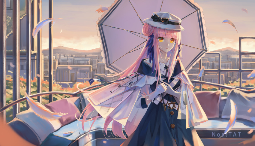 1girl absurdres arknights artist_name bangs black_bow blue_dress bow ceylon_(arknights) city commentary cowboy_shot dress eyebrows_visible_through_hair feathers gloves hair_bun hat hat_bow highres holding holding_umbrella long_hair looking_at_viewer nosttat outdoors parted_lips pink_hair solo standing umbrella very_long_hair white_gloves white_headwear white_umbrella yellow_eyes