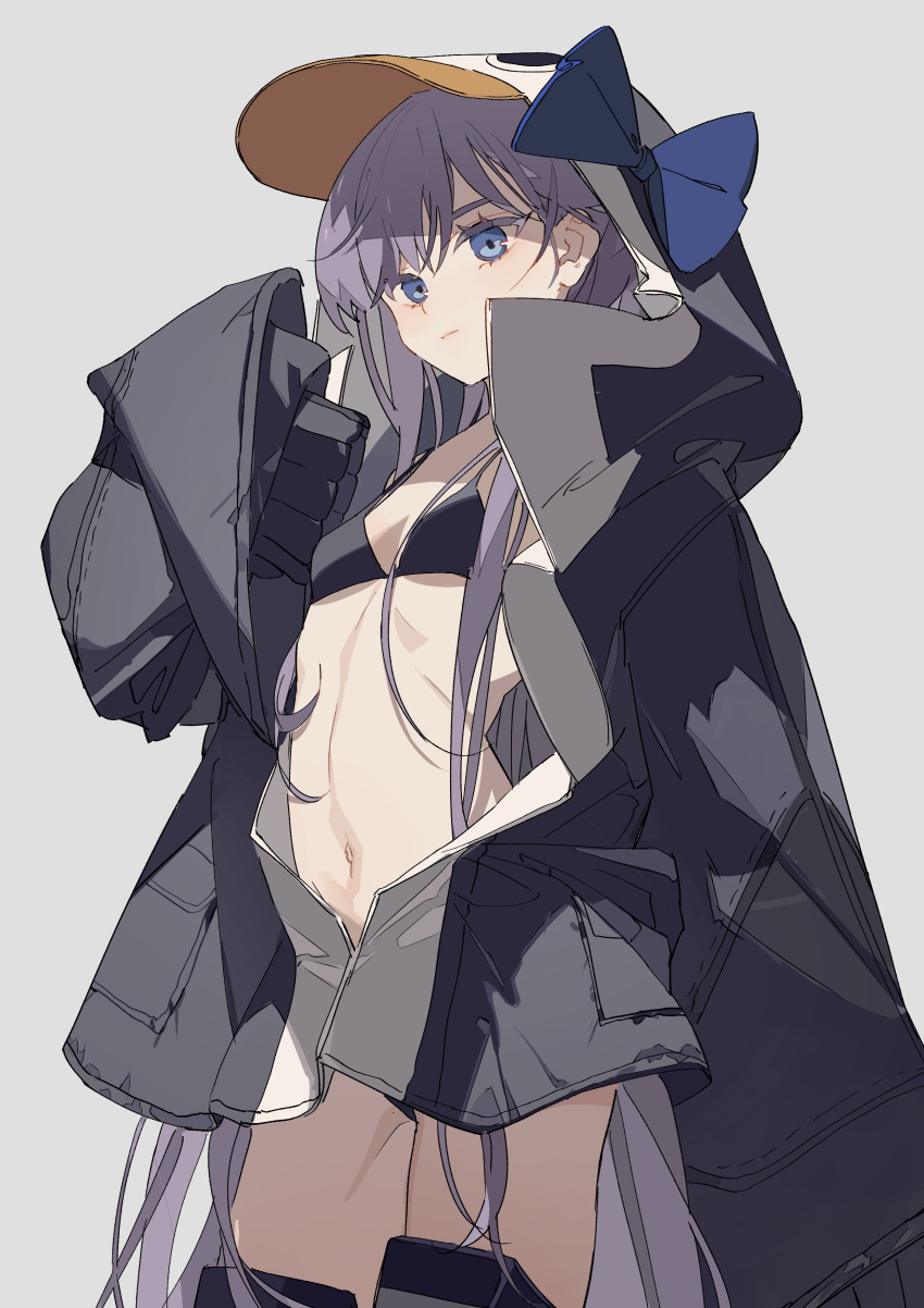 1girl absurdres animal_hood bangs bikini black_bikini black_jacket blue_bow blue_eyes bow breasts fate/grand_order fate_(series) highres hood hood_up jacket long_hair long_sleeves looking_at_viewer meltryllis meltryllis_(swimsuit_lancer)_(fate) navel open_clothes open_jacket penguin_hood purple_hair sleeves_past_fingers sleeves_past_wrists small_breasts swimsuit thighs very_long_hair zhibuji_loom