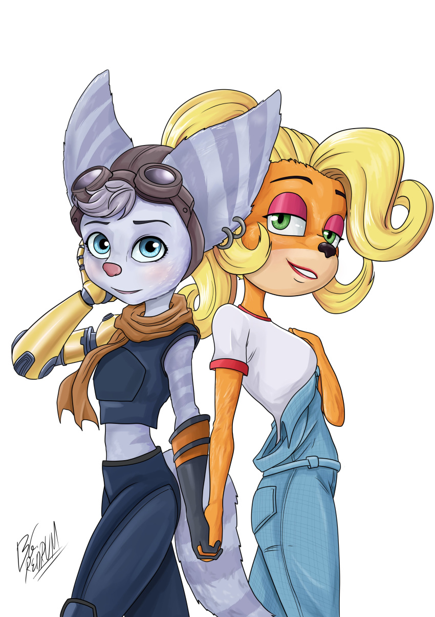 absurd_res activision anthro bandicoot bgredrum black_nose blue_eyes clothed clothing coco_bandicoot crash_bandicoot_(series) crossover duo ear_piercing eyewear female fur goggles goggles_on_head green_eyes hair hand_holding hi_res lombax long_hair mammal marsupial neckerchief piercing pink_nose prosthetic prosthetic_arm prosthetic_limb ratchet_and_clank rift_apart_lombax simple_background smile sony_corporation sony_interactive_entertainment stripes video_games