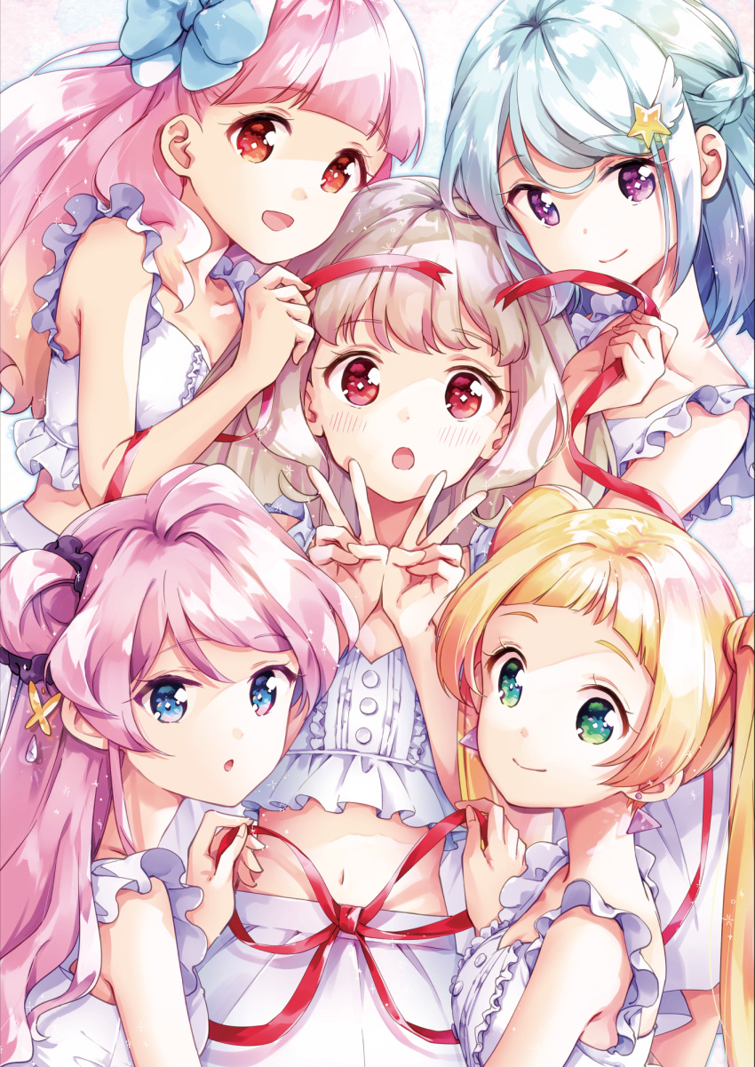 5girls :o aikatsu!_(series) aikatsu_friends! aikatsu_on_parade! bangs blonde_hair blue_bow blue_eyes blue_hair blunt_bangs bow braid breasts butterfly_hair_ornament chouno_maika cleavage closed_mouth commentary_request double_v eyebrows_visible_through_hair french_braid green_eyes hair_bun hair_down hair_intakes hair_ornament hair_scrunchie harem highres hinata_ema_(aikatsu_friends!) kiseki_raki light_brown_hair long_hair looking_at_viewer midriff minato_mio multicolored_hair multiple_girls navel open_mouth orange_hair pajamas pink_hair purple_eyes purple_hair red_eyes red_ribbon ribbon scrunchie short_hair sleeveless smile sparkle star_(symbol) star_hair_ornament todo-akira triangle_earrings twintails v yuuki_aine