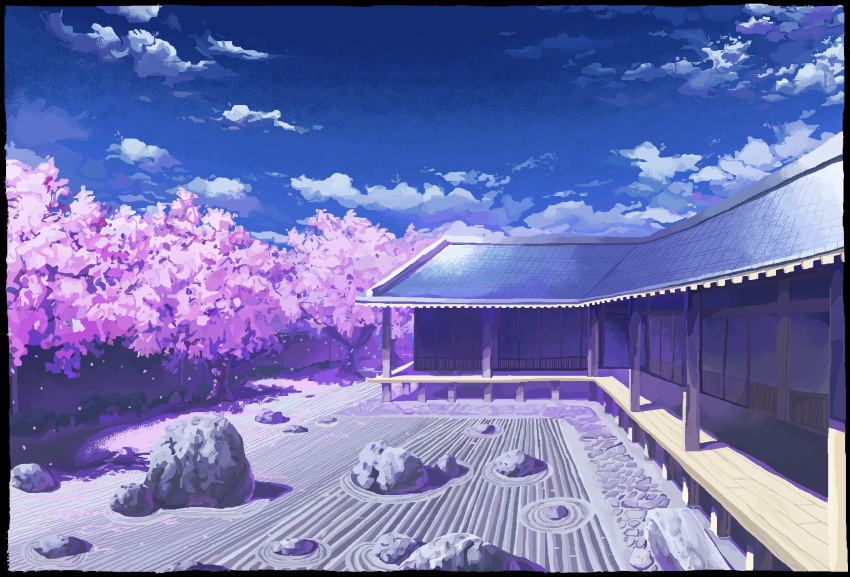 architecture cherry_blossoms cloud day east_asian_architecture hakugyokurou highres kaliningradg no_humans perfect_cherry_blossom petals rock rock_garden rooftop sand sky touhou tree veranda