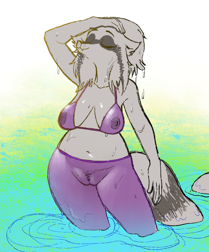 anthro bottomwear breasts clothing eyes_closed female fur grey_body grey_fur grey_tail hi_res ineffective_clothing kaboozey mammal navel partially_submerged procyonid purple_bottomwear purple_clothing raccoon solo water wet wet_body wet_fur