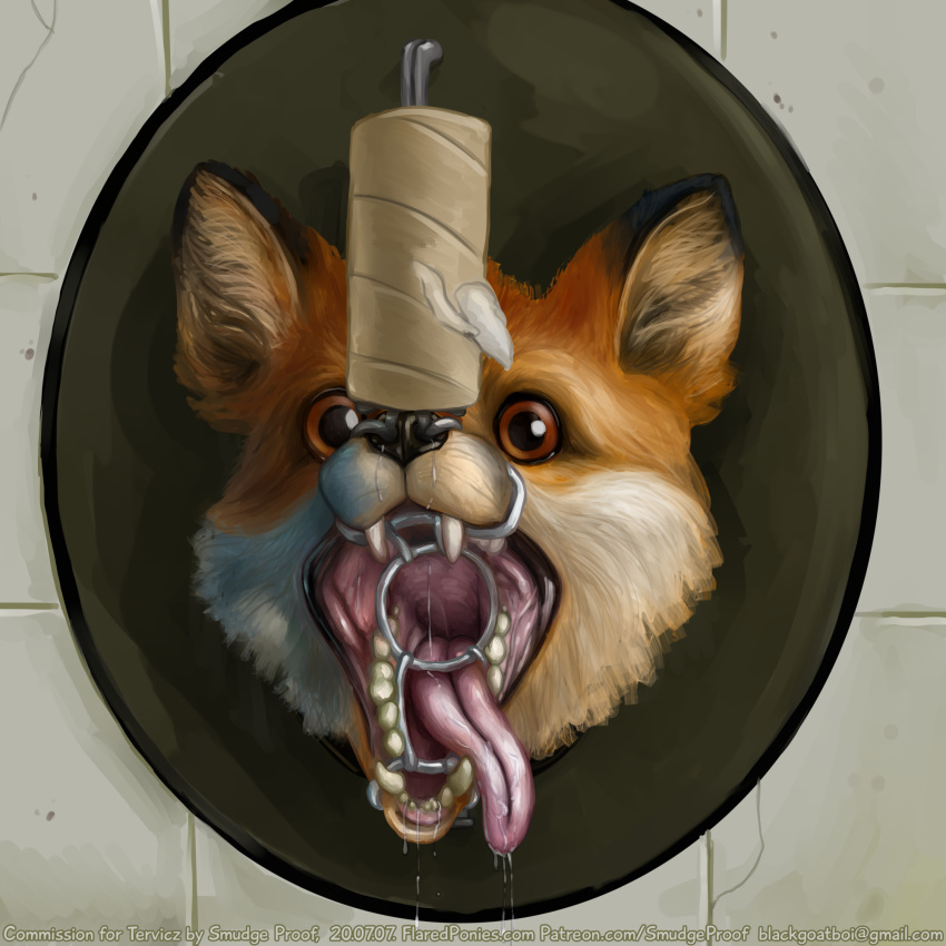 1:1 abuse ambiguous_gender animal_abuse bdsm bodily_fluids bondage bound canid canine drooling feral fox gag grimdark hi_res mammal mouth_shot open_mouth public_use ring_gag saliva scared sharp_teeth smudge_proof solo teeth through_wall toilet_roll tongue tongue_out