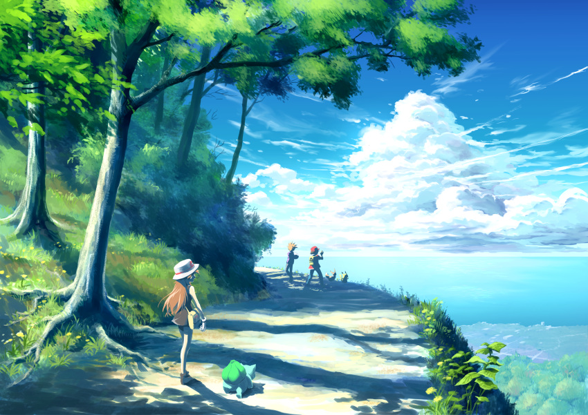 1girl 2boys absurdres baseball_cap blue_(pokemon) brown_hair bulbasaur cloud commentary_request day eevee gen_1_pokemon gloves grass hat highres long_hair multiple_boys ookido_green outdoors pikachu pokemon pokemon_(creature) pokemon_(game) pokemon_rgby porkpie_hat red_(pokemon) seijun sky spiked_hair standing starter_pokemon tree