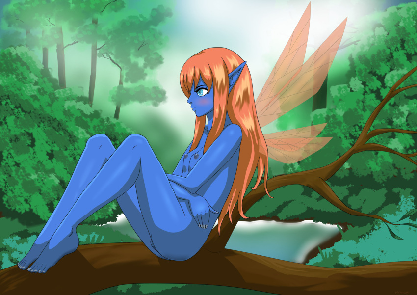 4_wings 5_fingers 5_toes areola blue_body blue_eyes blue_skin blush breasts dreamsprite duel_monster eyelashes feet female fingers genitals hair hi_res humanoid humanoid_feet konami lips monotsuno multi_wing nipples not_furry nude orange_hair outside pussy small_breasts solo toes tree wings yu-gi-oh