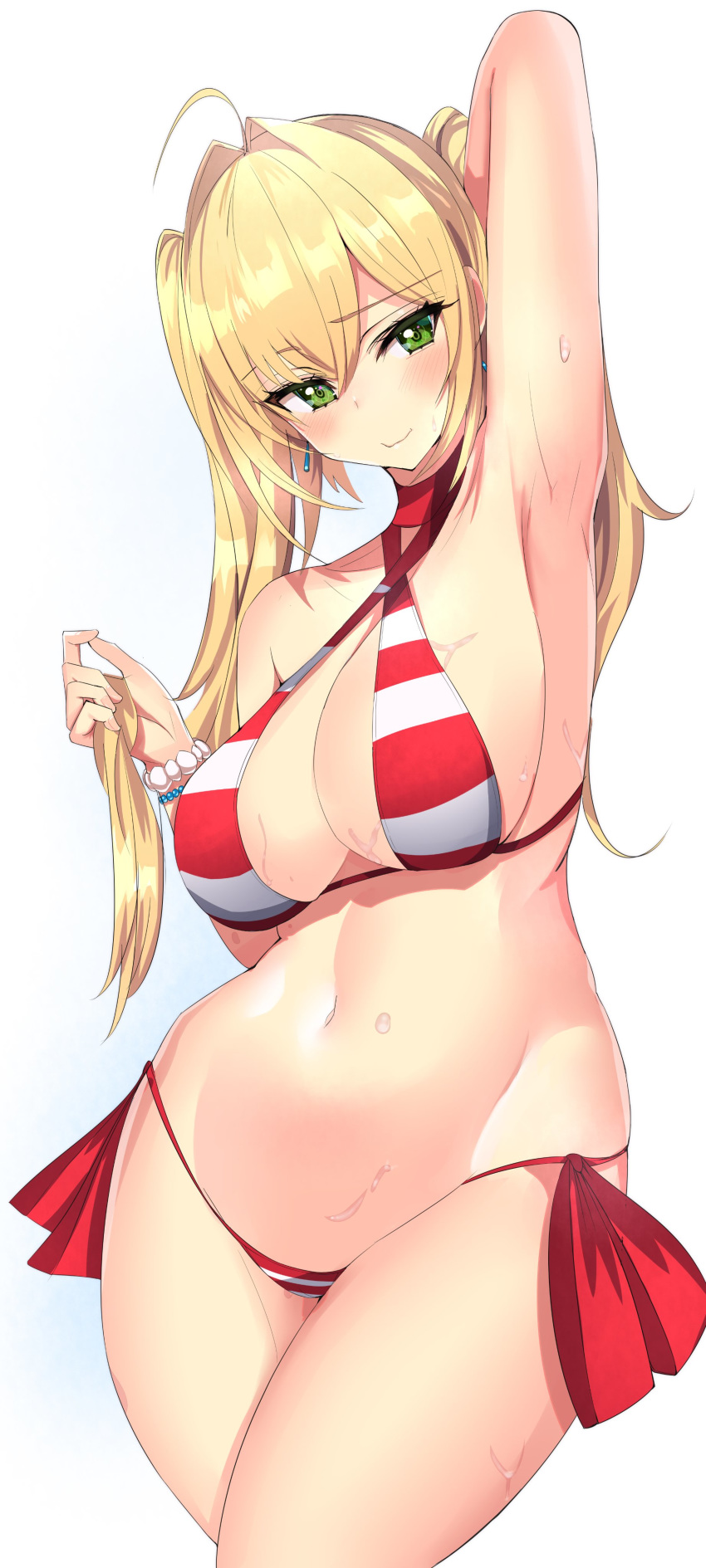 1girl absurdres ahoge arm_behind_head bikini blonde_hair blush breasts cleavage collarbone criss-cross_halter eyebrows_visible_through_hair fate/grand_order fate_(series) green_eyes halterneck hanasaki_houcha highres large_breasts looking_at_viewer navel nero_claudius_(fate)_(all) nero_claudius_(swimsuit_caster)_(fate) side-tie_bikini simple_background solo striped striped_swimsuit swimsuit thighs twintails white_background