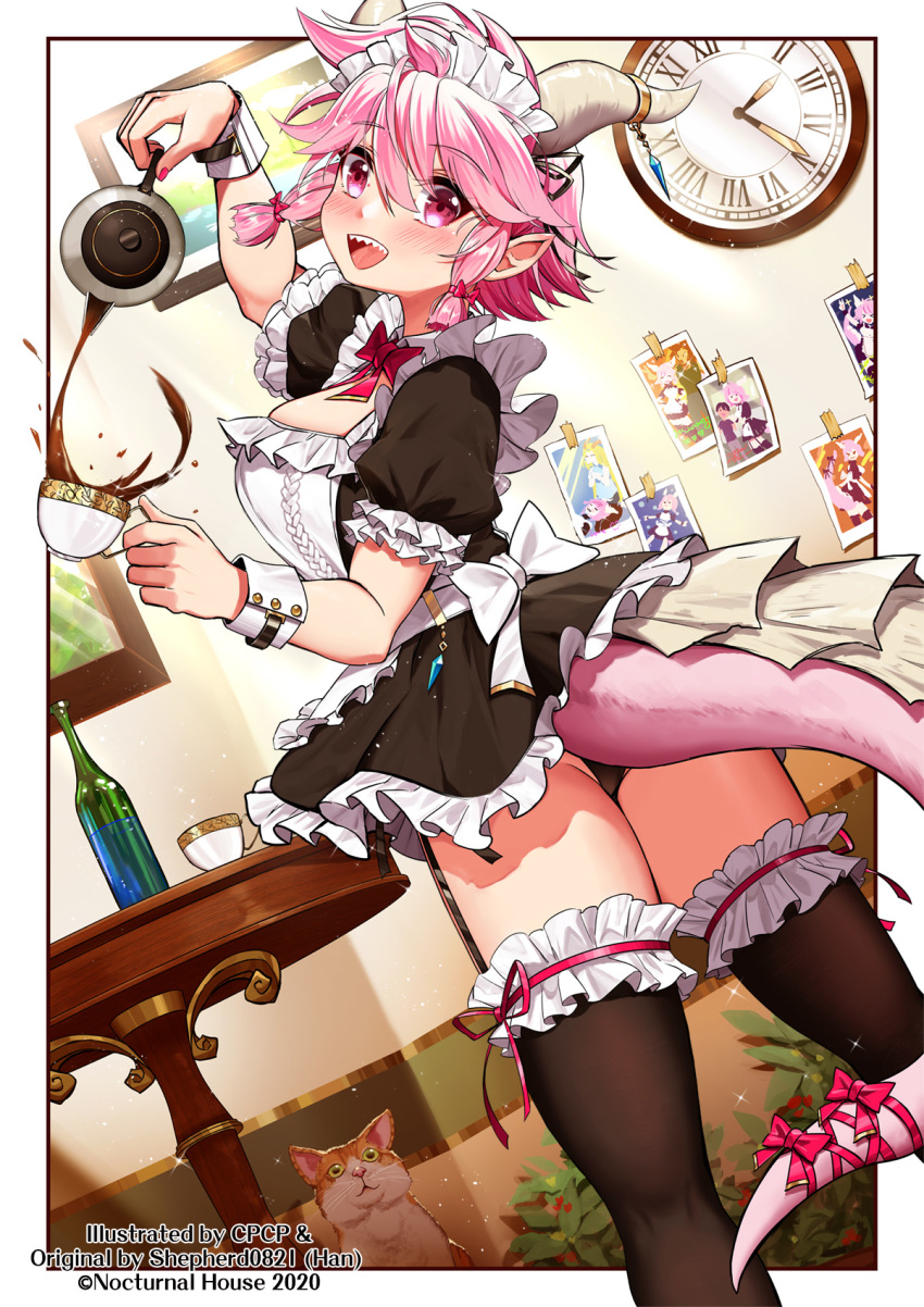 1girl apron black_legwear blush bottle bow bowtie breasts cat clock cpcp360 crystal cup decantering dragon_girl dragon_horns dragon_tail english_commentary eyebrows_visible_through_hair frilled_apron frilled_legwear frills hair_bow hair_ribbon highres holding_teapot horn_ornament horns light_particles looking_at_viewer maid maid_apron maid_headdress original panties photo_(object) pointy_ears portrait_(object) pouring puffy_sleeves red_neckwear red_ribbon ribbon sharp_teeth shepherd0821 short_hair sidelocks skirt smile solo sparkle table tail tail_bow tail_ribbon tea teacup teapot teeth thighhighs underwear waist_apron white_hair wrist_cuffs