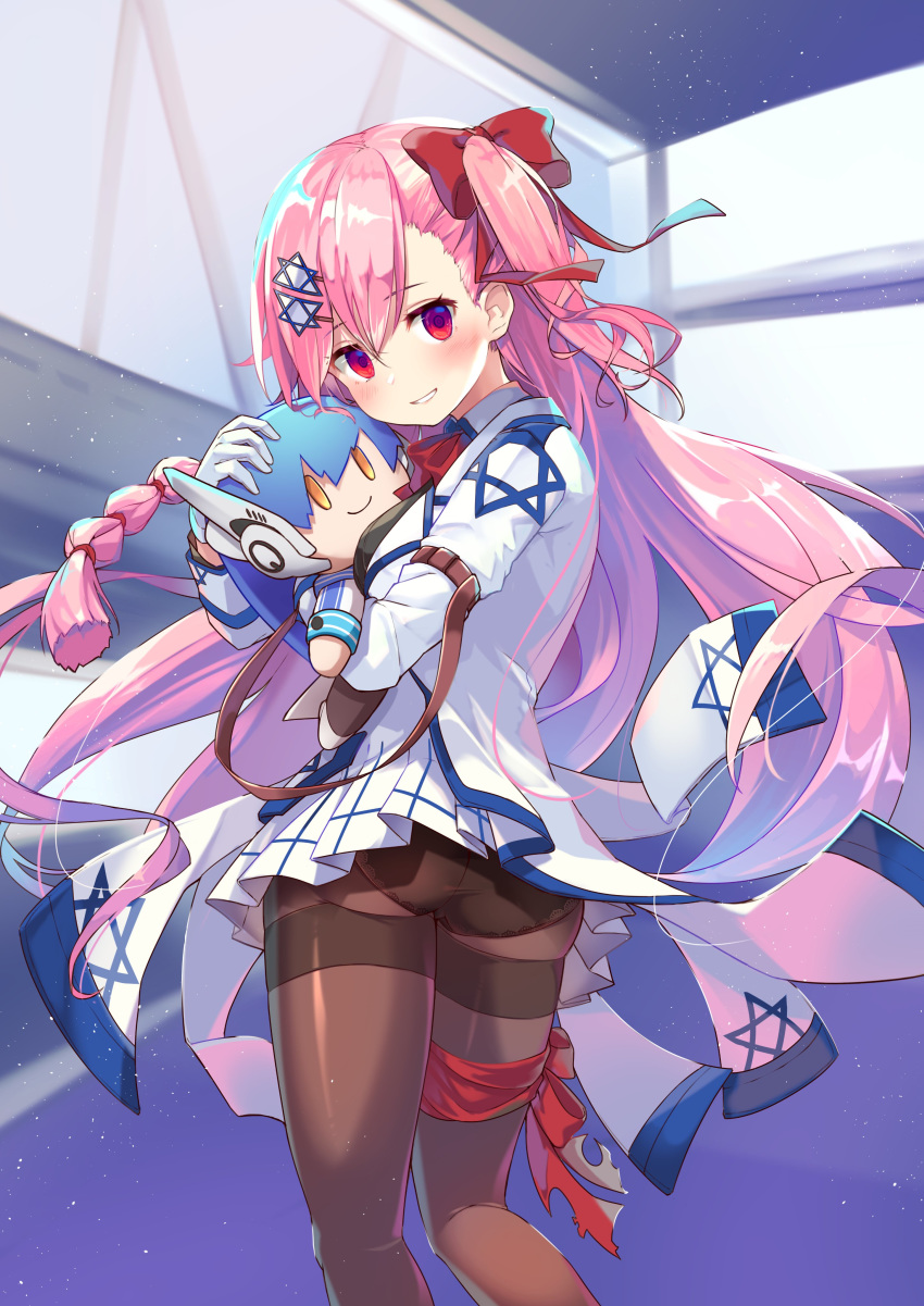 1girl absurdres bangs blush check_commentary commentary_request doll gloves hair_between_eyes hexagram highres hogi holding long_hair looking_at_viewer negev_(girls_frontline) panties panties_under_pantyhose pantyhose pink_hair red_eyes red_ribbon ribbon skirt smile solo star_of_david underwear