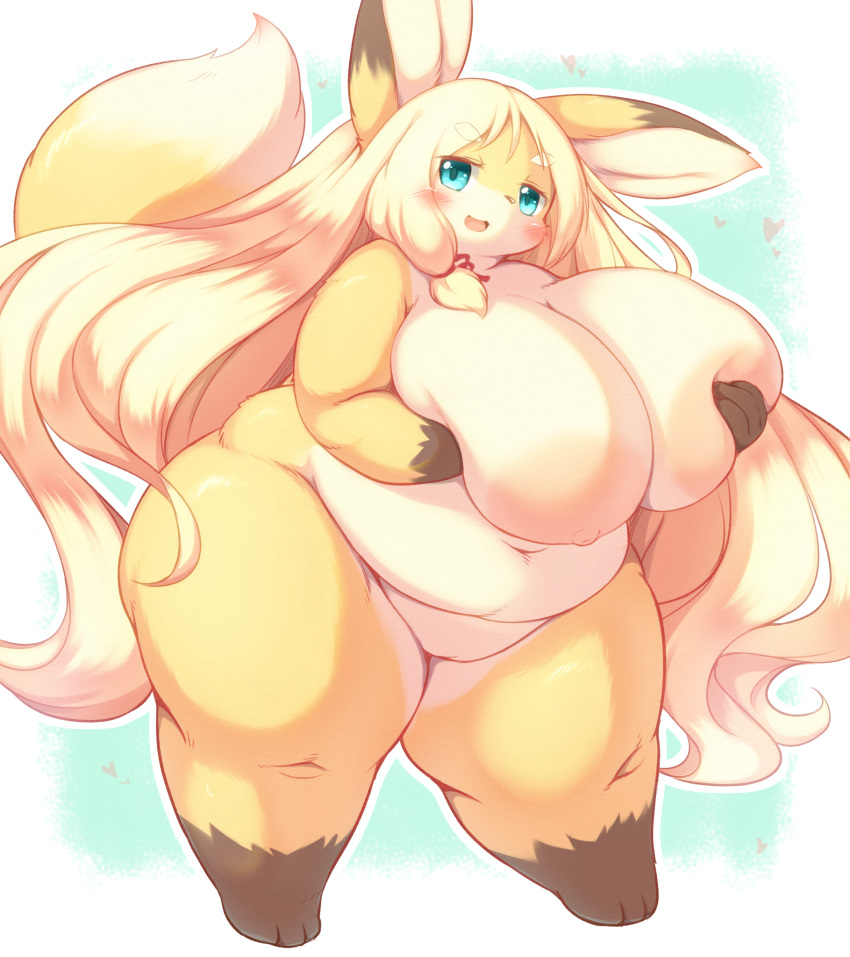 anthro areola belly big_areola big_breasts blonde_hair blue_eyes blush breasts canid canine female fur genitals hair hand_on_breast hi_res huge_breasts kemono long_hair looking_at_viewer mammal nipples nude overweight overweight_anthro overweight_female pussy radiowave simple_background solo yellow_body yellow_fur yellow_tail
