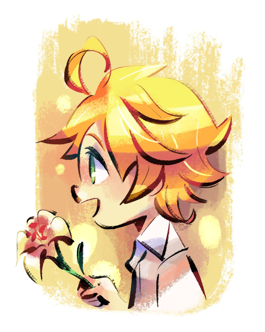 1girl ahoge blonde_hair collared_shirt commentary emma_(yakusoku_no_neverland) english_commentary flipped_hair flower flower_request from_side green_eyes highres holding holding_flower no_pupils open_mouth profile shirt short_hair simple_background solo upper_body white_background white_shirt yakusoku_no_neverland yi-wen_leow