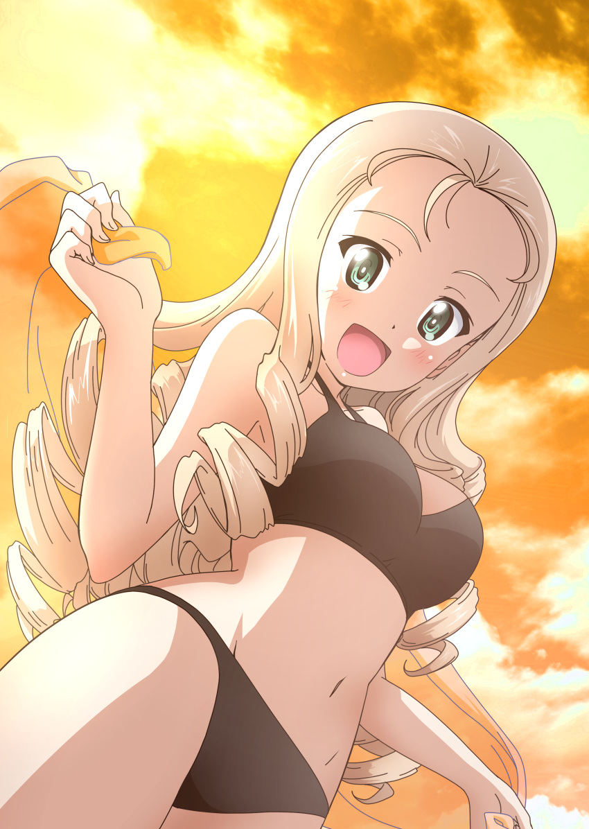 1girl :d absurdres bikini black_bikini blonde_hair breasts cloud cloudy_sky cowboy_shot drill_hair dutch_angle girls_und_panzer green_eyes highres holding holding_towel kanau long_hair looking_at_viewer looking_down marie_(girls_und_panzer) medium_breasts navel open_mouth orange_sky orange_towel outdoors sky smile solo standing sunset swimsuit towel