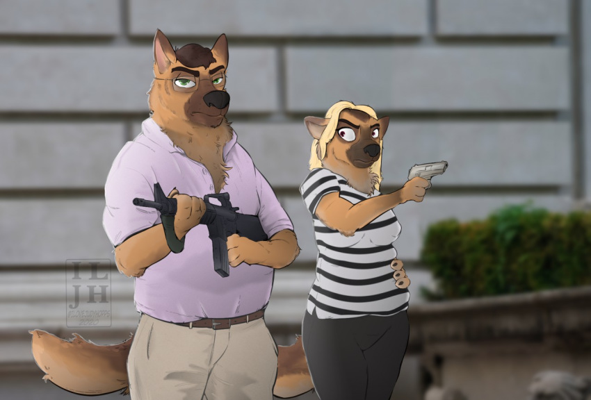 2020 anthro ar-15 belt blonde_hair blurred_background bottomwear canid canine canis clothed clothing collared_shirt digital_media_(artwork) disgruntled domestic_dog duo eyebrows eyewear female german_shepherd glasses green_eyes gun hair hand_on_hip handgun herding_dog holding_gun holding_object holding_weapon ilovejudyhopps khakis male mammal multicolored_body outside pants pastoral_dog pattern_clothing pink_clothing pink_shirt pink_topwear pistol ranged_weapon shaded shirt signature standing striped_clothing stripes thick_eyebrows topwear watermark weapon