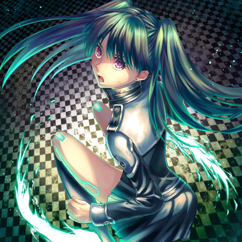 1girl black_footwear black_skirt boots checkered checkered_floor d.gray-man earrings floating_hair green_hair highres izullu jacket jewelry knee_boots lenalee_lee long_hair long_sleeves miniskirt open_mouth pleated_skirt purple_eyes shiny shiny_hair skirt solo thighhighs very_long_hair