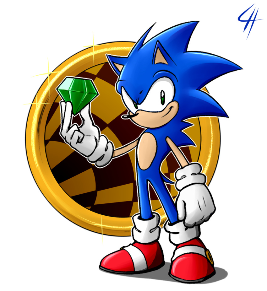 5_fingers anthro black_nose blue_body blue_fur chaos_emerald clothing eulipotyphlan featureless_crotch fingers footwear fur gloves green_eyes grin handwear hedgehog hi_res holding_object limehazard mammal shoes smile solo sonic_the_hedgehog sonic_the_hedgehog_(series)