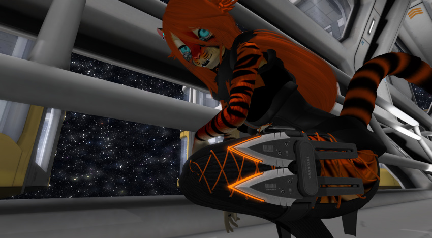 anthro armor eyewear felid female glasses hi_res knife mammal pantherine second_life short shyahla sl slim solo space space_station tiger tigress_(disambiguation)