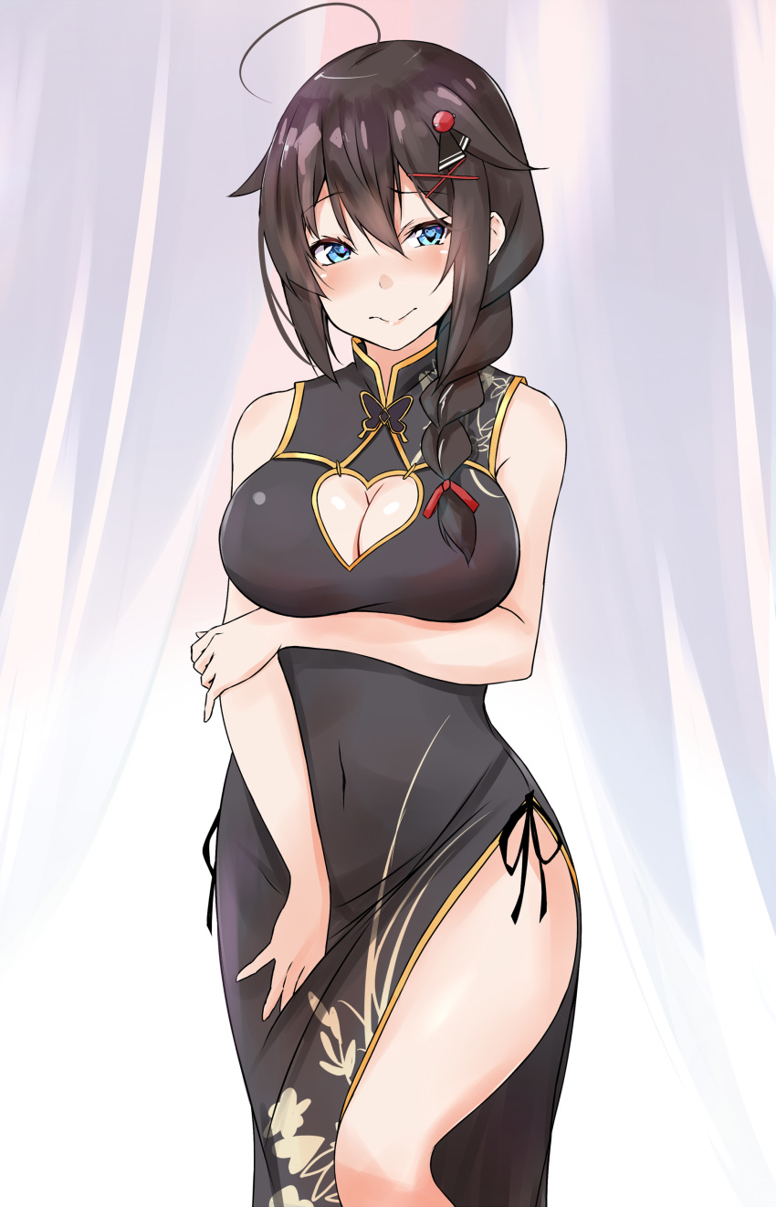 1girl absurdres ahoge alternate_costume bare_shoulders black_hair blue_eyes blush braid breasts china_dress chinese_clothes cleavage cleavage_cutout cowboy_shot dress hair_flaps hair_ornament hair_over_shoulder highres kantai_collection large_breasts long_hair looking_at_viewer remodel_(kantai_collection) saku_(kudrove) shigure_(kantai_collection) single_braid solo thighs x_hair_ornament