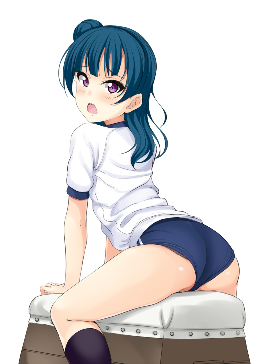 1girl ass bangs black_legwear blue_buruma blue_hair buruma commentary_request feet_out_of_frame gym_uniform highres hino_minato_(spec.c) kneehighs long_hair looking_at_viewer love_live! love_live!_sunshine!! open_mouth purple_eyes shirt side_bun simple_background sitting solo t-shirt tsushima_yoshiko vaulting_horse white_background white_shirt