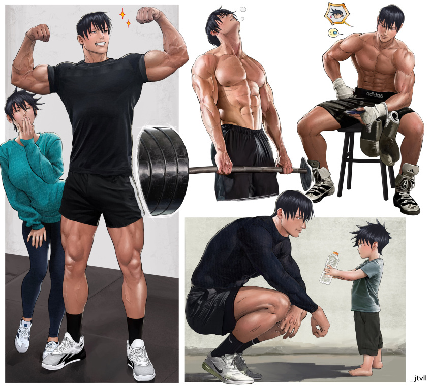 1girl 2boys abs absurdres adidas aged_down aqua_sweater artist_name barefoot black_shirt black_socks bottle boxing_gloves cellphone child commentary exercising facing_another father_and_son flexing fushiguro_megumi fushiguro_touji gloves grin hands_on_own_face highres holding holding_gloves holding_phone holding_unworn_clothes husband_and_wife jtv jujutsu_kaisen long_sleeves looking_at_another megumi's_mother_(jujutsu_kaisen) mother_and_son multiple_boys multiple_views muscular muscular_male nike_(company) on_stool pectorals phone profile scar scar_on_face scar_on_mouth shirt shoes short_sleeves shorts sitting smile sneakers socks spoken_character squatting stool sweater symbol-only_commentary veins veiny_arms water_bottle weightlifting