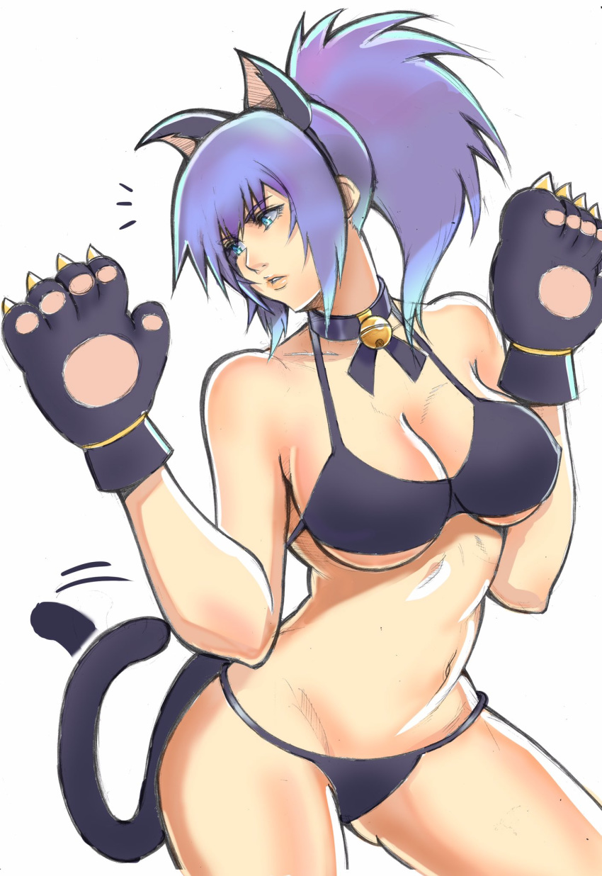 1girl animal_costume animal_ears bikini blue_eyes blue_hair breasts cat_costume cat_ears cat_paws elbow_gloves gloves highres leona_heidern long_hair murotarou2000 paw_shoes paws ponytail shoes snk_heroines:_tag_team_frenzy solo swimsuit the_king_of_fighters