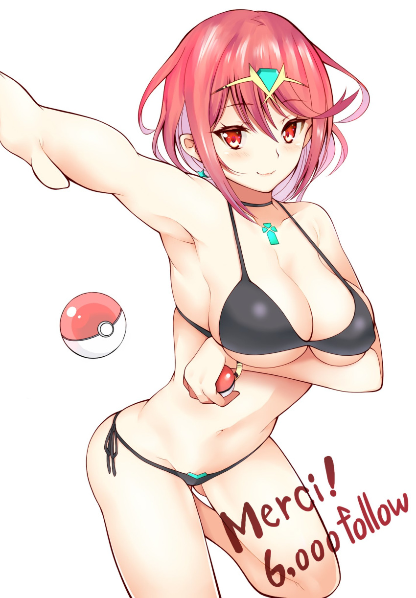 1girl armpits arms_under_breasts bangs bikini black_bikini breasts chest_jewel cleavage cowboy_shot daive earrings eyebrows_visible_through_hair french_text gem highres homura_(xenoblade_2) jewelry large_breasts looking_at_viewer poke_ball poke_ball_(generic) red_eyes red_hair short_hair side-tie_bikini simple_background smile solo swept_bangs swimsuit tiara white_background xenoblade_(series) xenoblade_2