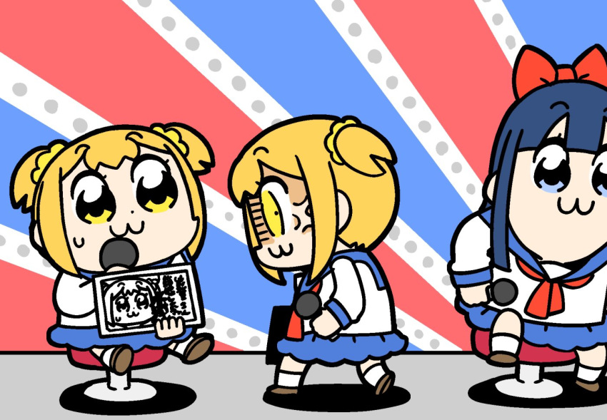 2girls :3 anger_vein bkub blonde_hair blue_eyes blue_hair bow commentary_request dual_persona hair_bow hair_ornament hair_scrunchie holding holding_microphone long_hair microphone mizuki_nana multiple_girls nakamura_yuuichi pipimi poptepipic popuko school_uniform scrunchie seiyuu_connection serafuku short_hair sitting sugita_tomokazu translation_request two_side_up yellow_eyes