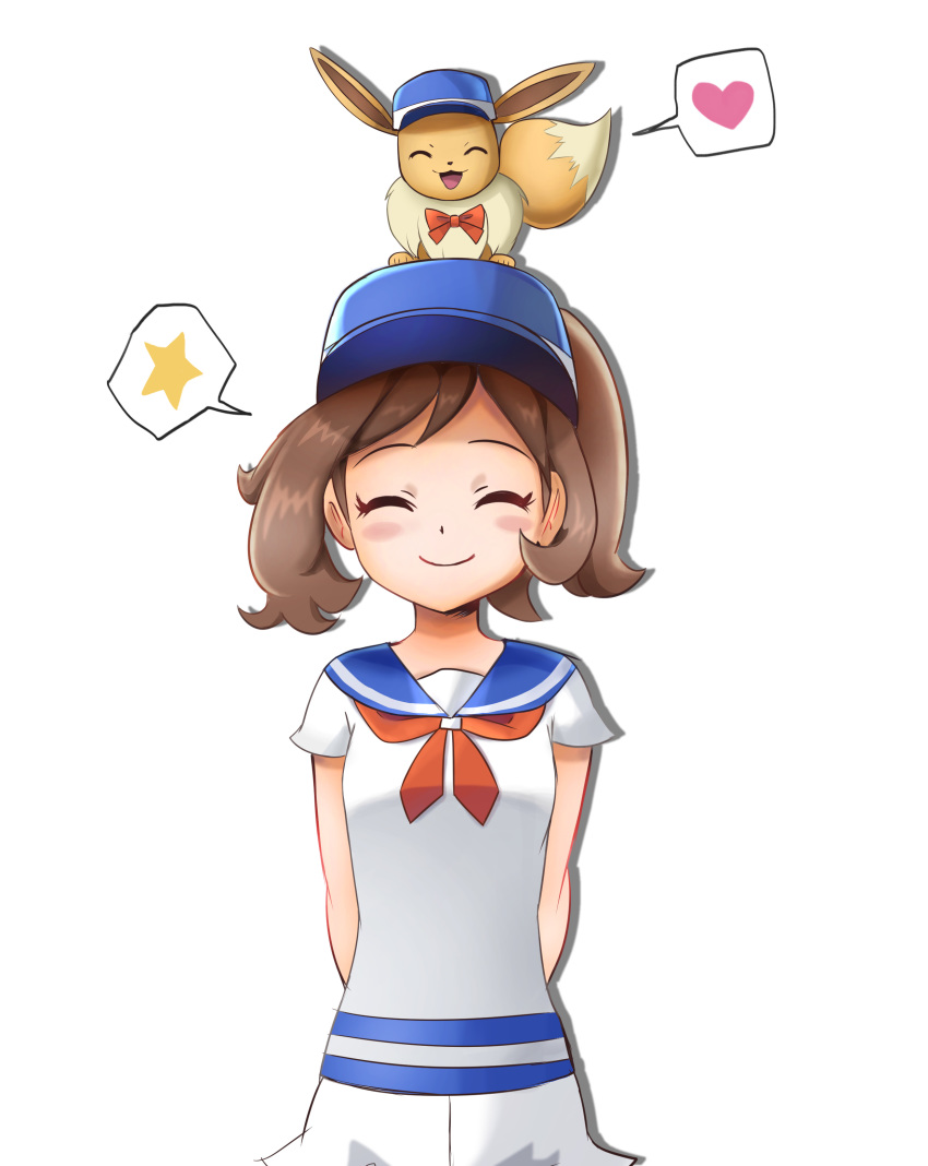 1girl absurdres arms_behind_back ayumi_(pokemon) bangs baseball_cap blue_headwear blue_sailor_collar blush brown_hair closed_eyes closed_mouth eevee gen_1_pokemon hat heart highres mr.thunderigor on_head pokemon pokemon_(creature) pokemon_(game) pokemon_lgpe pokemon_on_head sailor_collar short_sleeves simple_background smile speech_bubble spoken_heart spoken_star star_(symbol) symbol_commentary white_background