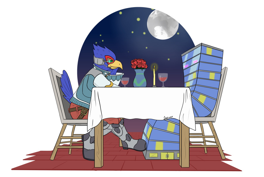 absurd_res ambiguous_gender anthro avian bird building candle clothed clothing date duo falco_lombardi flower hi_res leowolperting male male/ambiguous meme moon nintendo plant restaurant star_fox video_games wine_glass