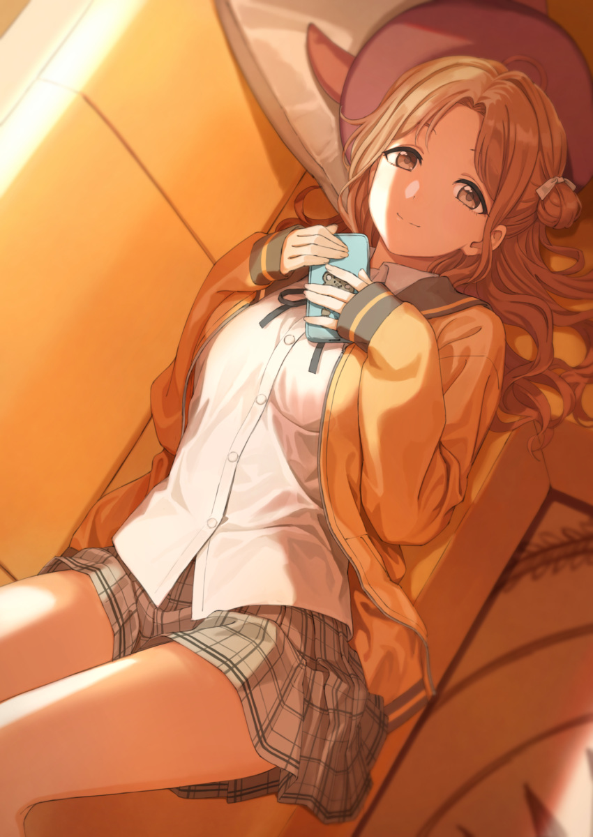 1girl bangs black_ribbon bow breasts brown_eyes brown_hair brown_jacket cellphone closed_mouth collared_shirt commentary_request couch dress_shirt eyebrows_behind_hair feet_out_of_frame from_above grey_skirt hair_bow hair_bun highres holding holding_phone ichikawa_hinana idolmaster idolmaster_shiny_colors jacket knees_up long_hair long_sleeves looking_at_viewer lying medium_breasts neck_ribbon on_back on_couch open_clothes open_jacket parted_bangs phone pillow pleated_skirt ribbon shirt side_bun skirt sleeves_past_wrists smile solo tuchinokoeffect white_bow white_shirt