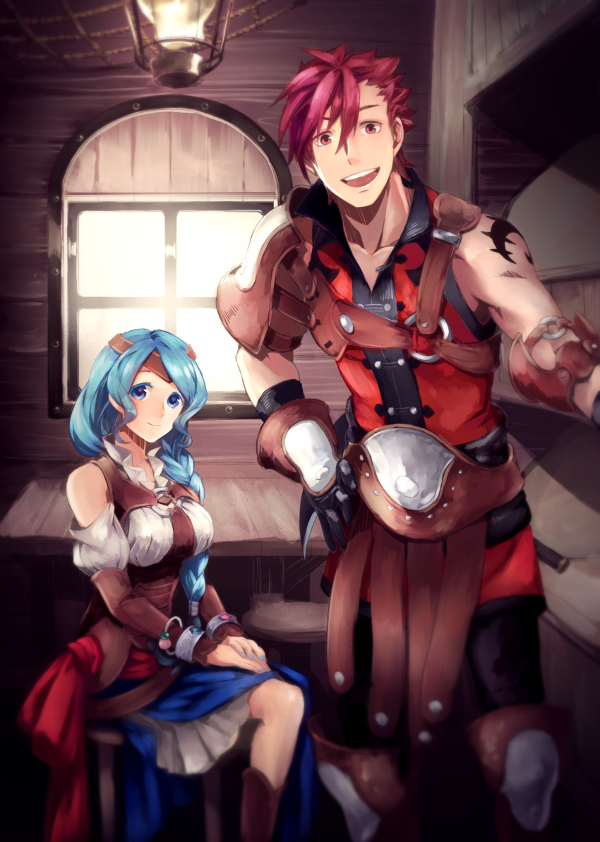 absurdres blue_eyes blue_hair bracelet braid braided_ponytail closed_mouth hands highres jewelry l'arc_berg_sickle looking_at_viewer open_mouth red_eyes red_hair sitting standing tate_no_yuusha_no_nariagari tattoo therese_alexanderite window xarlasar