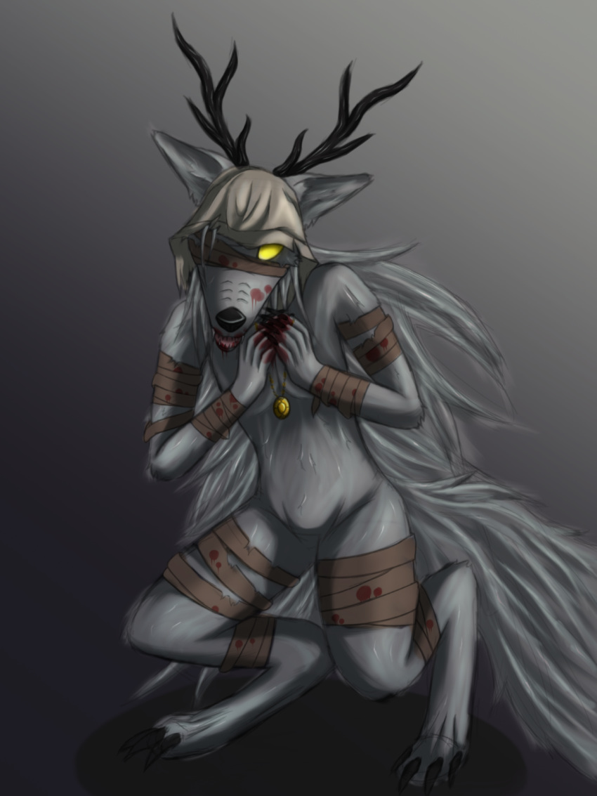 3:4 american_mythology anthro antlers bandage blood bloodborne bodily_fluids canid canine canis female fromsoftware fur hi_res horn indigenous_north_american_mythology looking_at_viewer mammal mythology north_american_mythology palemoonwendigo solo sony_corporation sony_interactive_entertainment vicar_amelia video_games wendigo were werecanid werecanine werewolf white_body white_fur wolf yellow_eyes