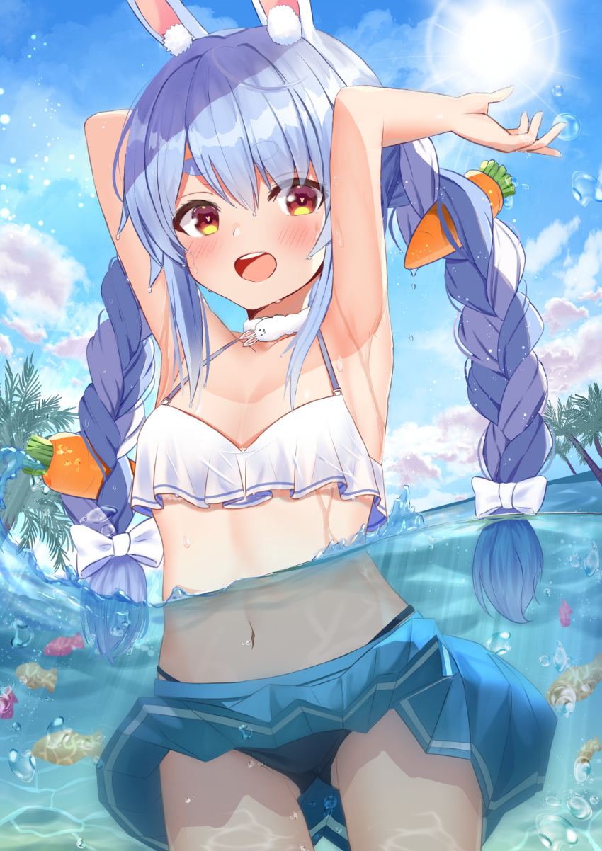 1girl armpits arms_up ass_visible_through_thighs bangs beach bikini bikini_skirt black_bikini blue_hair blue_sky braid breasts cleavage cloud commentary_request eyebrows_visible_through_hair fish highres hololive multicolored_hair navel ocean outdoors palm_tree partially_submerged sidelocks sky small_breasts solo standing stomach sun sunlight swept_bangs swimsuit thick_eyebrows thigh_gap tree tropical_fish twin_braids twintails two-tone_hair usada_pekora wading water white_bikini white_hair yuutii