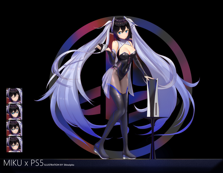 1girl absurdres alternate_eye_color alternate_hair_color black_background black_hair blue_eyes blue_hair bodysuit boots bridal_gauntlets controller cosplay covered_navel dualsense elbow_gloves expressions full_body game_controller gloves gradient_hair hair_between_eyes hatsune_miku highres latex latex_leotard long_hair looking_at_viewer multicolored_hair playstation_5 see-through shinalpha skin_tight smile solo thigh_boots thighhighs twintails very_long_hair vocaloid white_hair