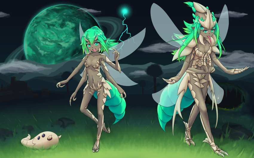 16:10 4_arms 4_eyes alien alien_hornet_(terraria) alien_larva_(terraria) alien_queen_(terraria) ambiguous_gender animal_humanoid arthropod arthropod_abdomen arthropod_humanoid breasts cloud female grass green_eyes green_hair group hair hi_res horn humanoid insect insect_humanoid jon-smitten long_tongue multi_arm multi_eye multi_limb outside planet standing terraria tongue tongue_out widescreen wings