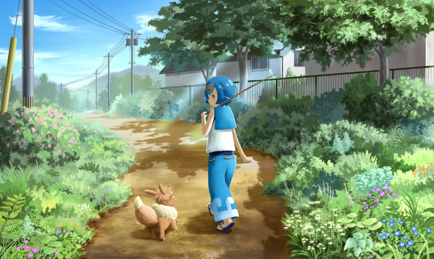 1girl blue_eyes blue_hair blue_pants building bush cloud commentary day doremifa84 eevee feet fence flip-flops flower freckles gen_1_pokemon grass hairband highres holding holding_stick light_rays no_sclera outdoors pants pokemon pokemon_(creature) pokemon_(game) pokemon_sm power_lines sandals scenery shade shirt short_hair sky sleeveless standing stick suiren_(pokemon) sunbeam sunlight swimsuit swimsuit_under_clothes telephone_pole tree trial_captain walking