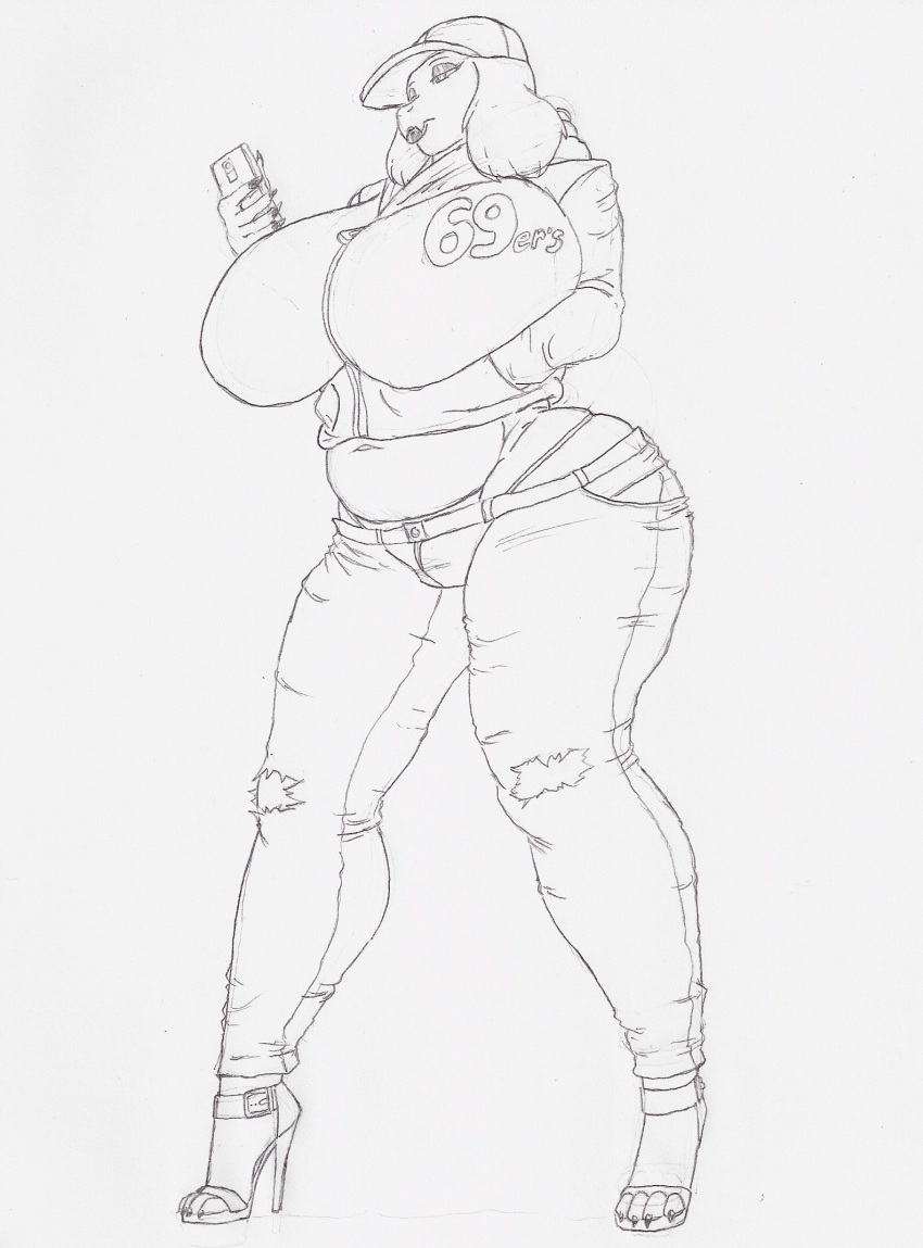 anthro big_breasts big_butt bottomwear bovid breasts butt caprine clothed clothing ear_piercing female footwear fur goat hi_res high_heels hoodie horn huge_breasts krocialblack lipstick long_ears makeup mammal mature_female phone piercing shoes slightly_chubby smile solo thick_thighs topwear toriel undertale video_games white_body white_fur