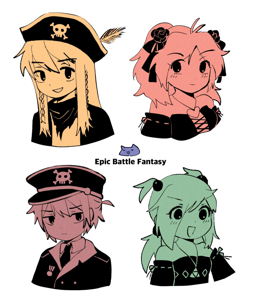 2boys 2girls animal_ears anna_(epic_battle_fantasy) bandana bangs black_eyes black_headwear black_neckwear black_ribbon black_vest blonde_hair braid breasts brown_hair buttons cat cat_ears closed_mouth collarbone collared_shirt dress english_text epic_battle_fantasy eyebrows_visible_through_hair flower green_hair hair_bobbles hair_flower hair_ornament hair_over_eyes hair_ribbon hat hat_feather heart highres lance_(epic_battle_fantasy) long_hair looking_at_viewer matt_(epic_battle_fantasy) medal multiple_boys multiple_girls natalie_(epic_battle_fantasy) necktie nolegs_(epic_battle_fantasy) off-shoulder_dress off_shoulder orange_hair pirate_hat rbfnrbf_(mandarin) ribbon ribbon-trimmed_sleeves ribbon_trim shirt short_hair skull smile triforce twin_braids two_side_up upper_body v-shaped_eyebrows vest white_shirt