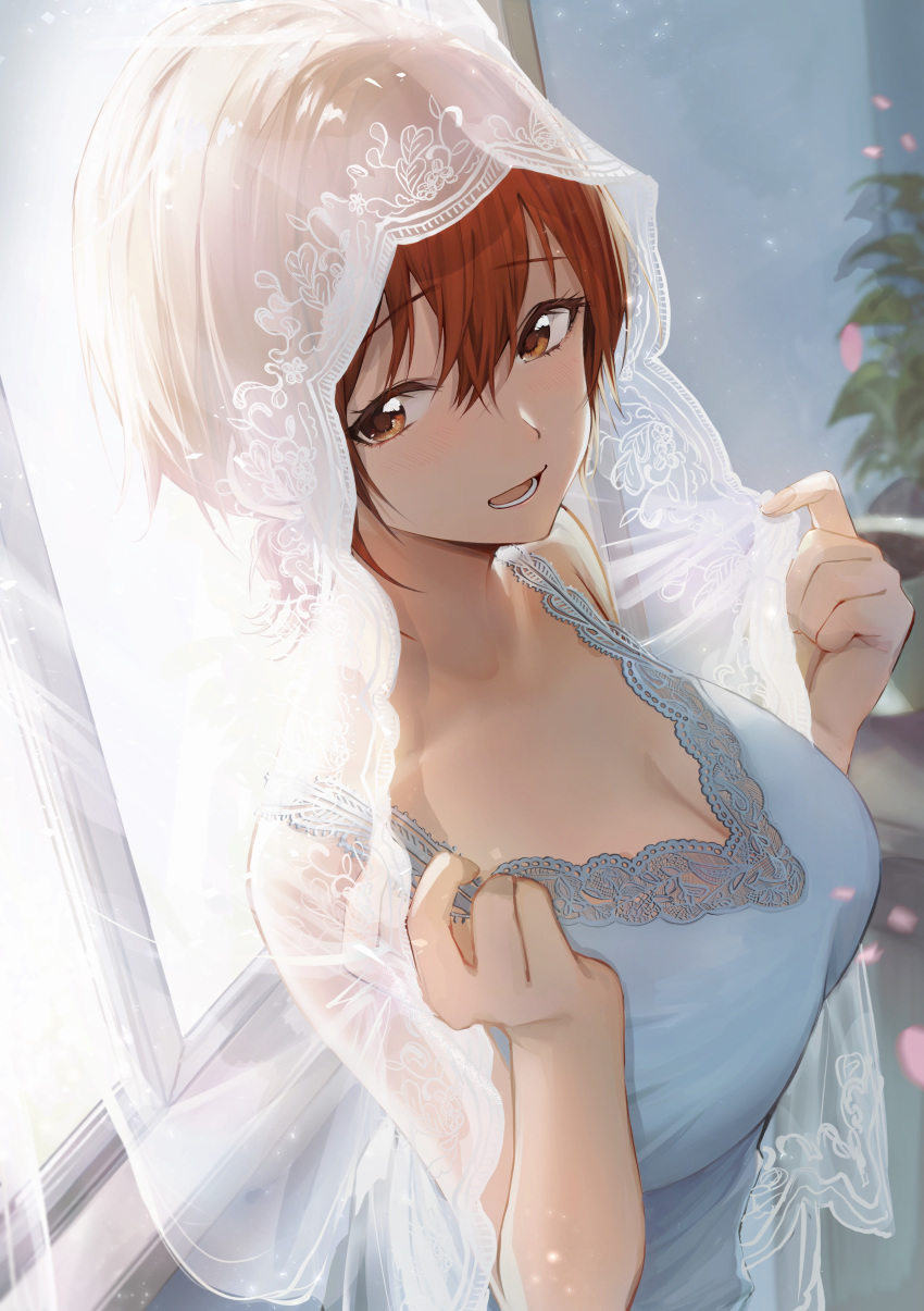 1girl :d absurdres akito_(d30n26) bangs bare_shoulders blue_dress blush breasts brown_eyes brown_hair cleavage collarbone commentary_request curtains day dress eyebrows_visible_through_hair from_side hair_between_eyes highres indoors large_breasts looking_at_viewer looking_to_the_side open_mouth original short_hair sleeveless sleeveless_dress smile solo upper_body window