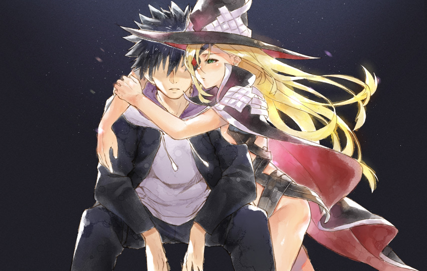 1boy 1girl absurdres anbiya_h arms_around_neck black_background black_hair black_hoodie black_legwear blonde_hair cape closed_mouth commentary eyepatch green_eyes groin hair_over_eyes hair_over_one_eye half-closed_eyes hat hidden_eyes highres hug huge_filesize imminent_kiss kamijou_touma long_hair looking_at_another othinus pants sitting spiked_hair spread_legs standing to_aru_majutsu_no_index to_aru_majutsu_no_index:_new_testament two-sided_fabric very_long_hair witch_hat