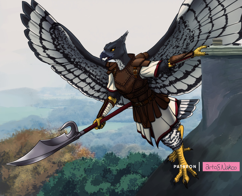 2020 4_toes accipitrid accipitriform anisodactyl anthro aquilinae armor avian beak bird black_claws blyth's_hawk-eagle claws conditional_dnp day eagle feathers grey_beak grey_body grey_feathers holding_object holding_polearm holding_weapon multicolored_body multicolored_feathers nakoo open_mouth orange_eyes outside scuted_arms spread_wings striped_feathers striped_tail striped_wings stripes tail_feathers toes tongue two_tone_body two_tone_feathers weapon white_body white_feathers wings