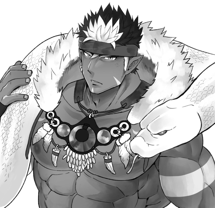 1boy abs bara beard brown_hair chest dark_skin dark_skinned_male earrings facial_hair greyscale headband highres jewelry male_focus monochrome multicolored_hair muscle necklace nipples pectorals pointy_ears sky_(sora_no_gomibako) snake solo spiked_hair tangaroa tattoo tokyo_houkago_summoners tooth_necklace upper_body white_background white_hair